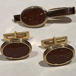 Goldtone Oval Colardo Goldstone Cufflinks with Tie Clip